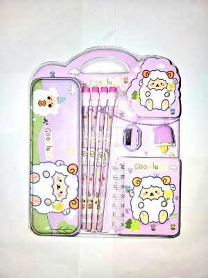 CUTE STATIONARY KIT DIFFERENT THEME  4 PENCILS,1 SHARPENER, 1 CANDY ERASER, 1 COMPASS BOX, 1 DREAM SPIRAL NOTESPrice